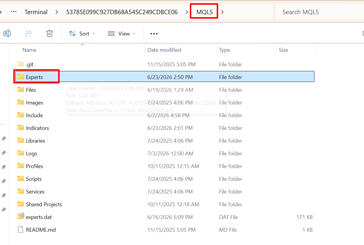 Copy EA to Experts folder